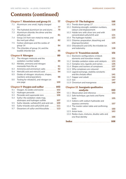 Inorganic Chemistry Note Pack contents, Chapters 7 to 12 and the index