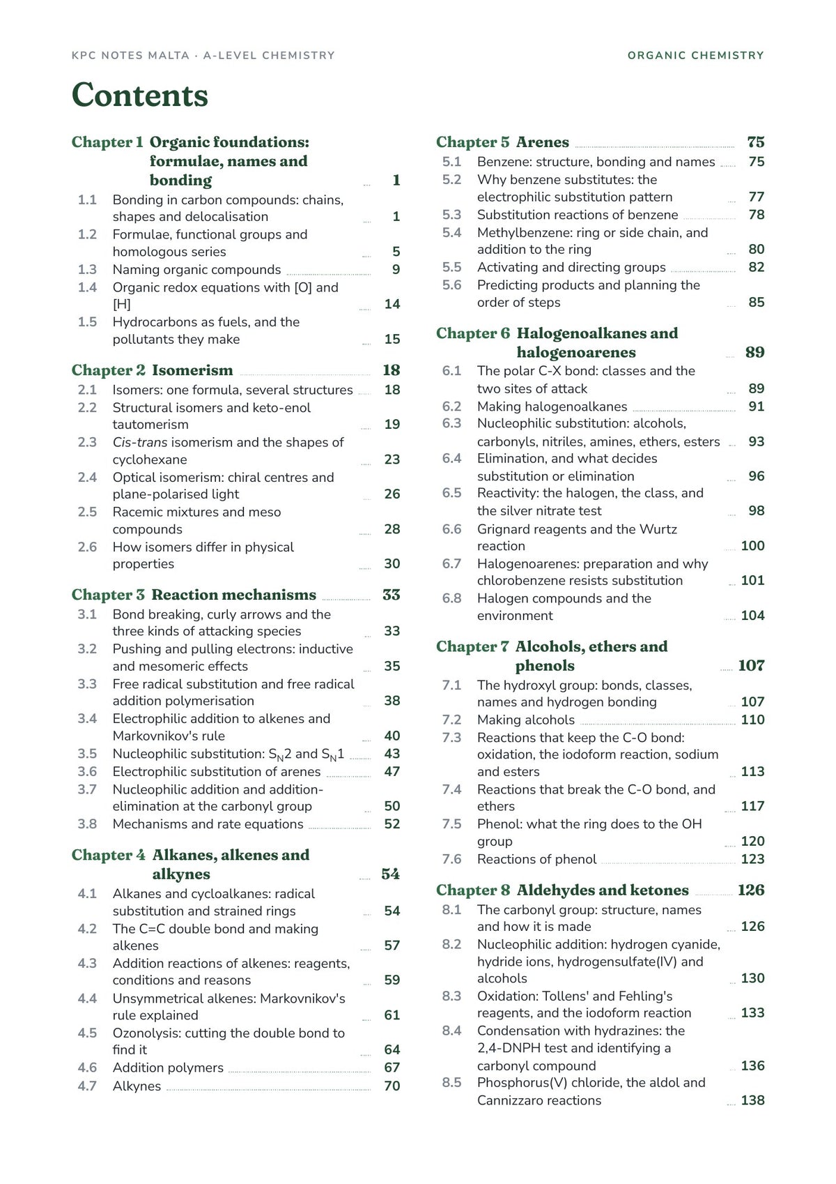 Organic Chemistry Note Pack contents, Chapters 1 to 8