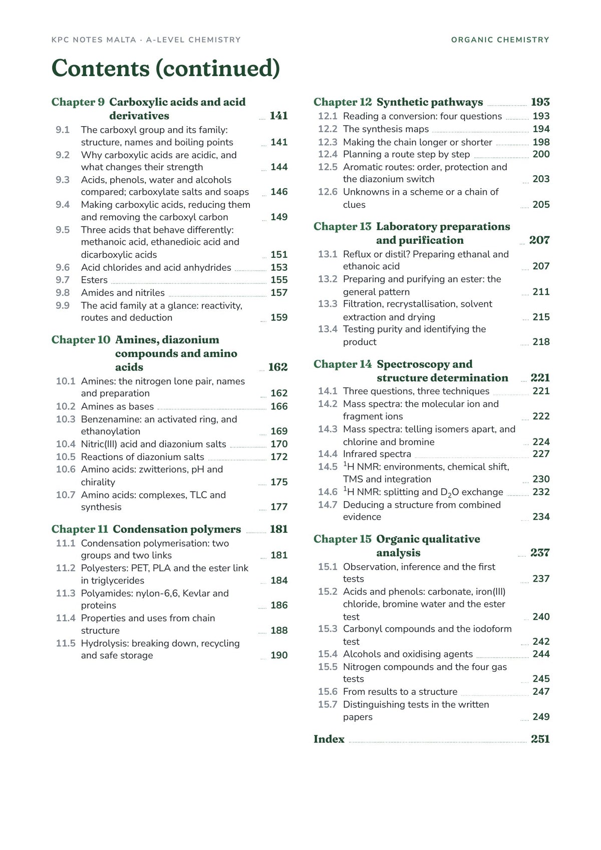 Organic Chemistry Note Pack contents, Chapters 9 to 15 and the index