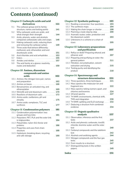 Organic Chemistry Note Pack contents, Chapters 9 to 15 and the index