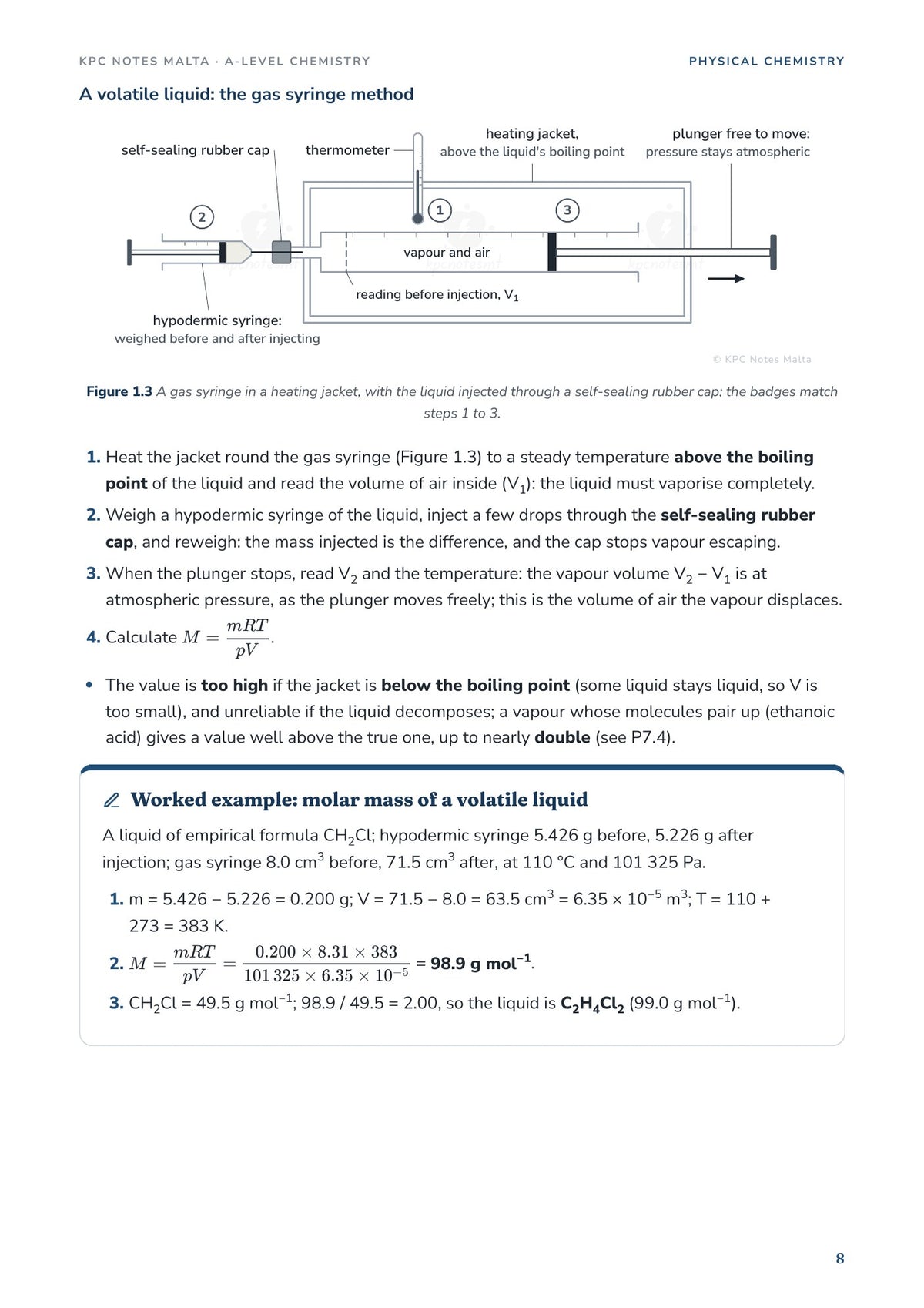 Molar mass of a volatile liquid: labelled gas syringe apparatus and a worked example