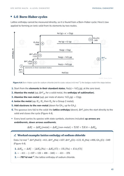 Born-Haber cycle for sodium chloride with a worked lattice enthalpy calculation