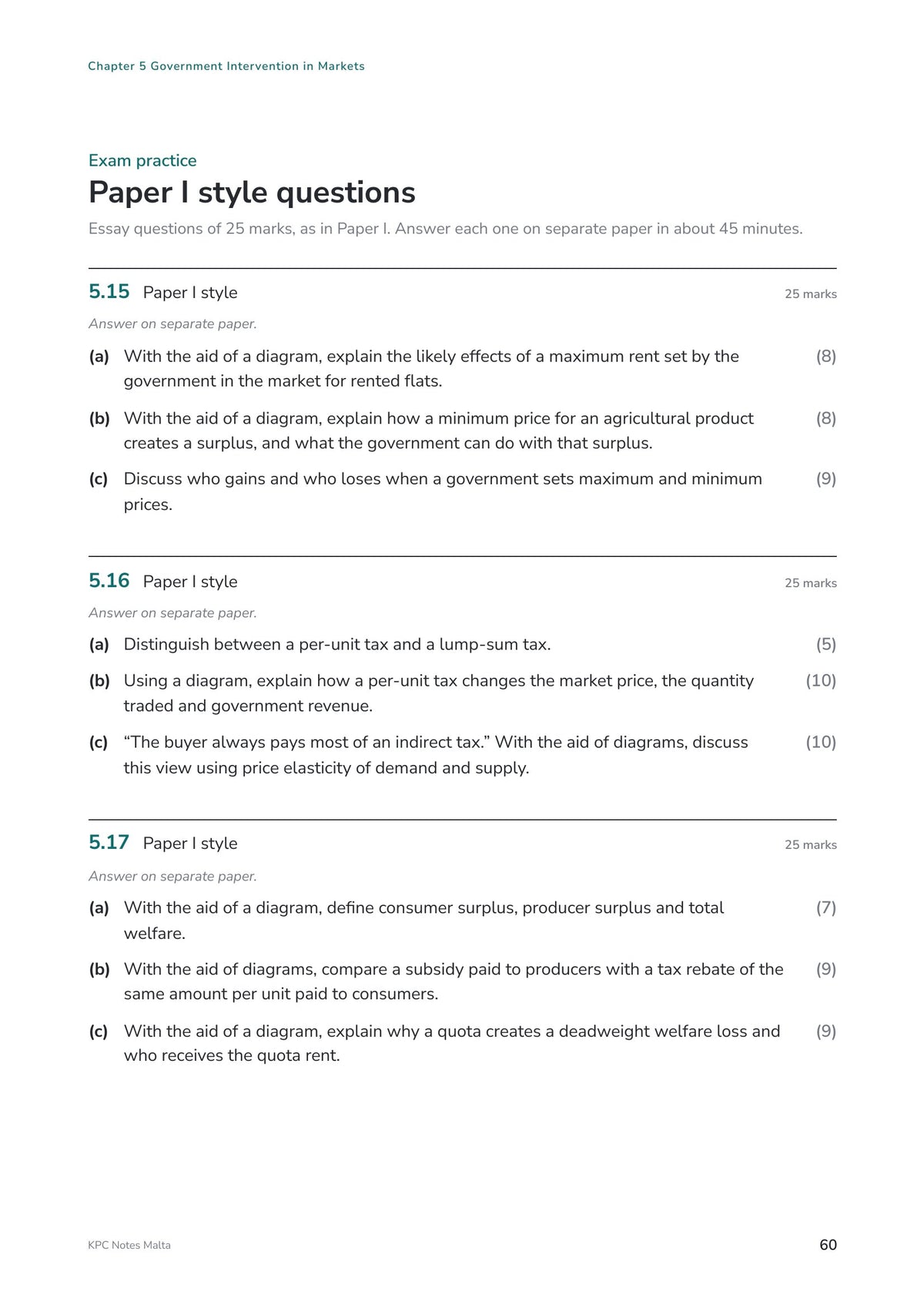 Exam Questions: Paper I style essay questions of 25 marks (page 60)