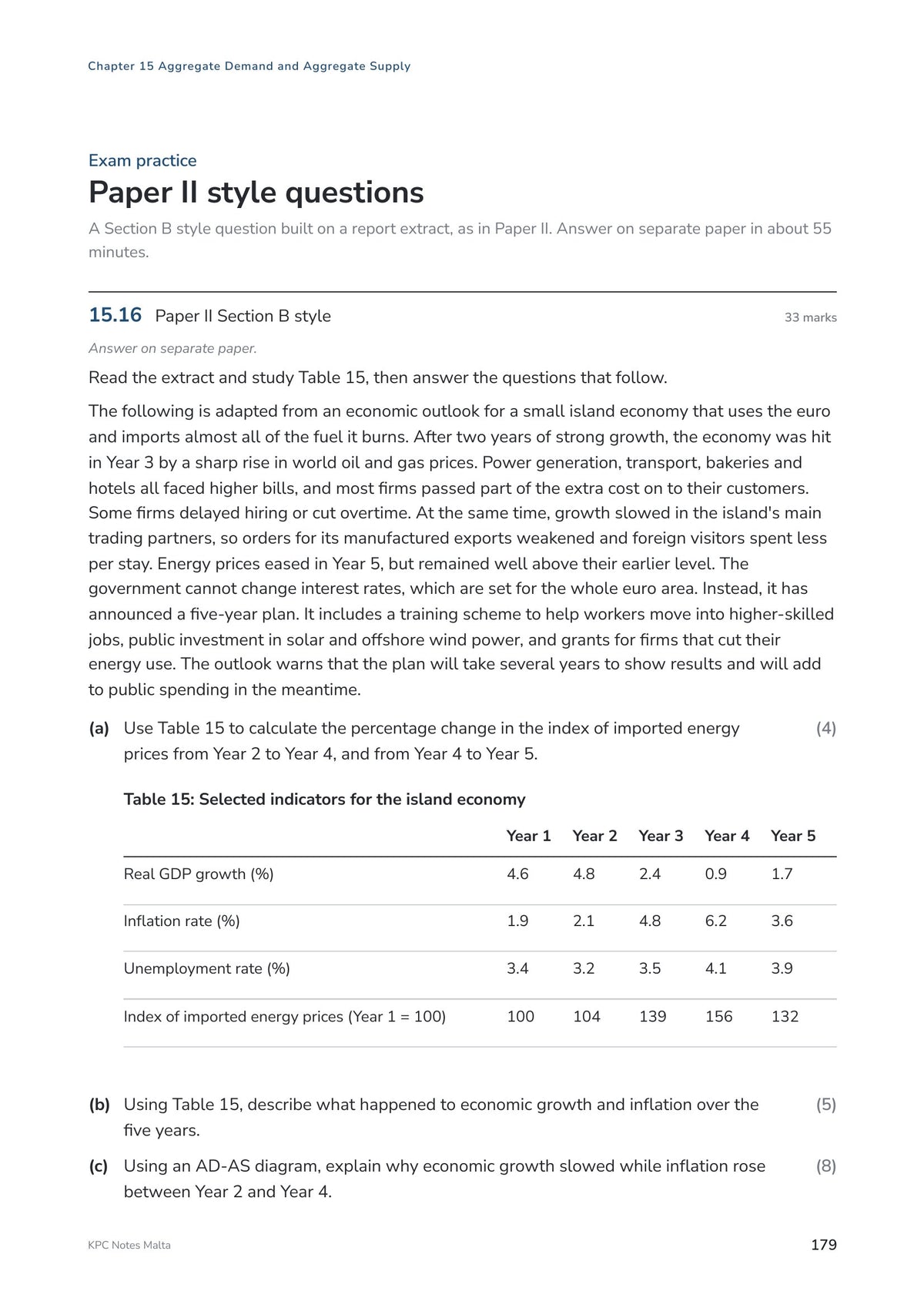 Exam Questions: a Paper II Section B style question built on a report extract (page 179)