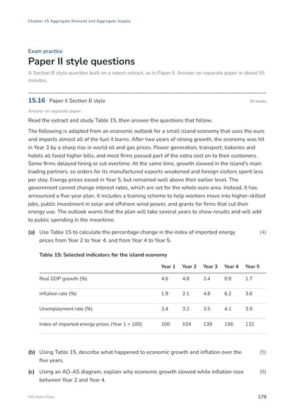 Exam Questions: a Paper II Section B style question built on a report extract (page 179)