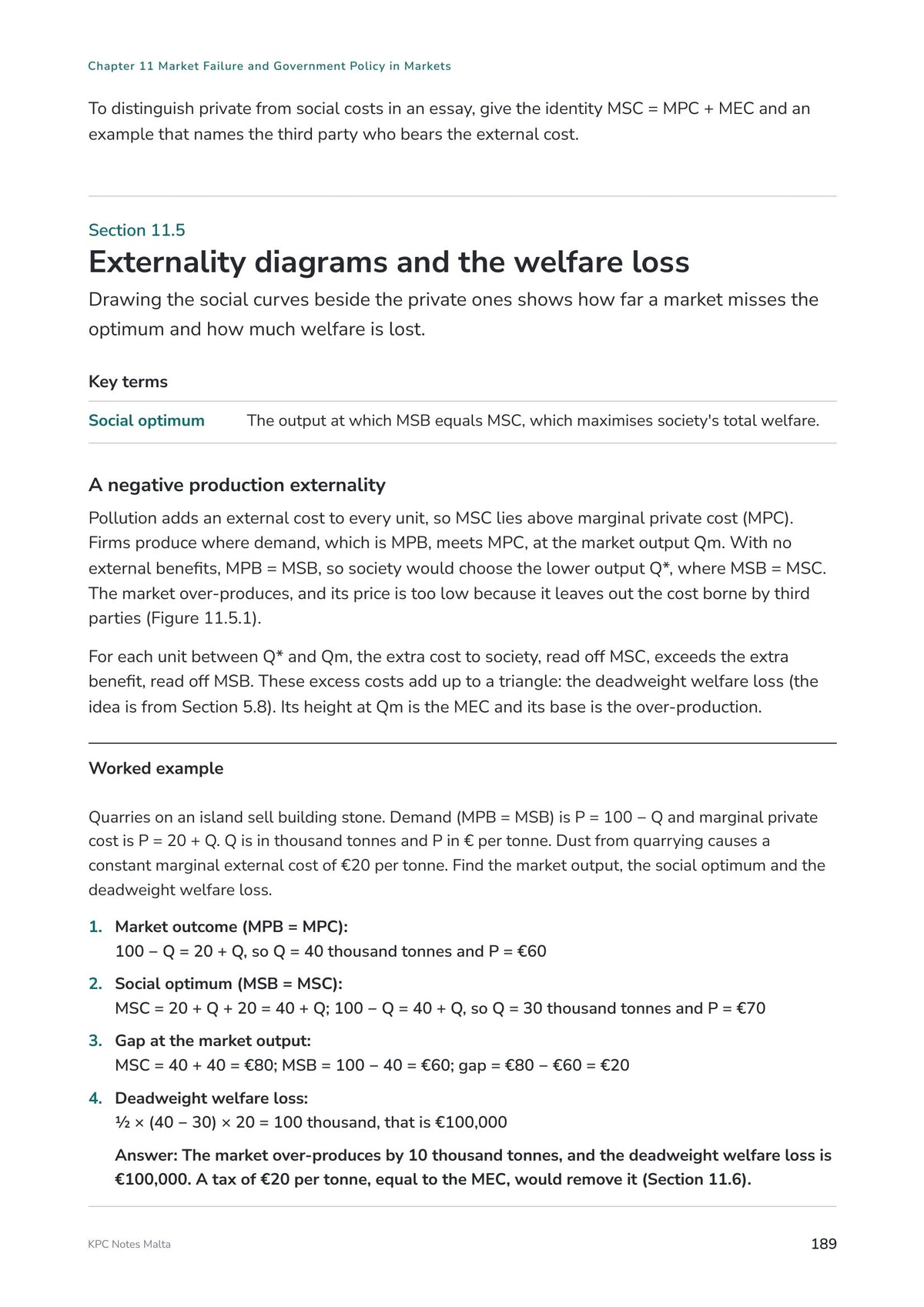 Note Pack: externality diagrams, with a worked example of the deadweight welfare loss (page 189)