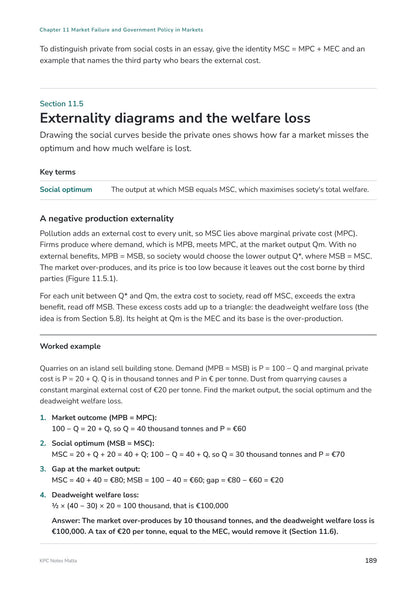 Note Pack: externality diagrams, with a worked example of the deadweight welfare loss (page 189)