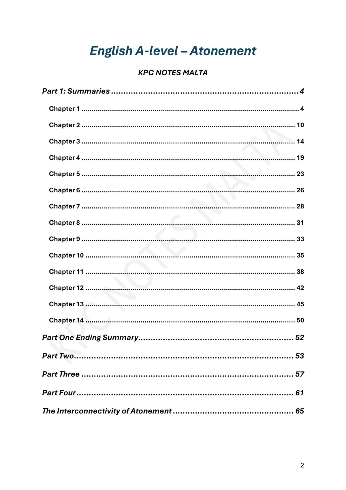 Contents: note pack contents, Parts One to Four (notes page 2)
