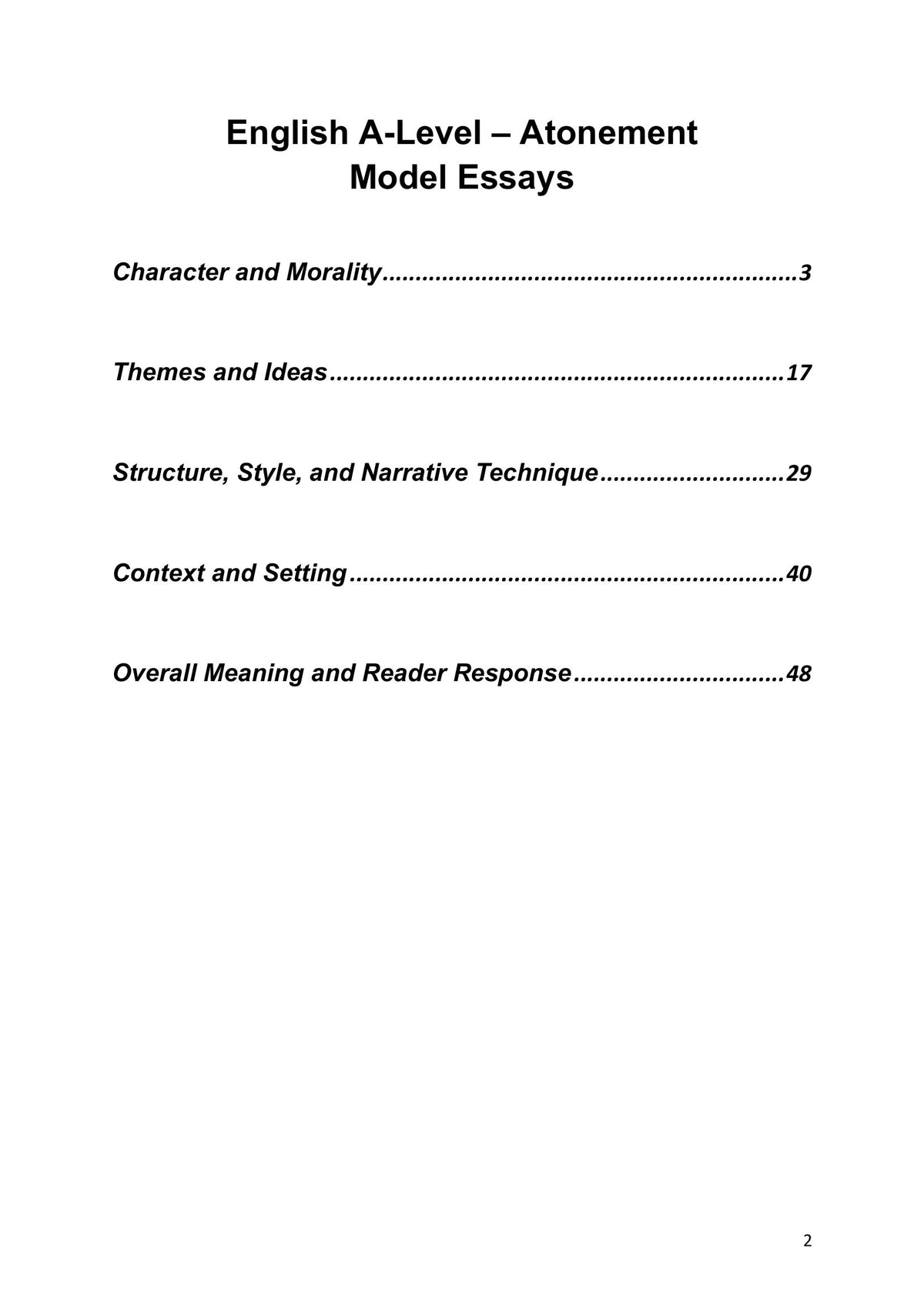 Contents: model essay pack contents, five sections (model essays page 2)