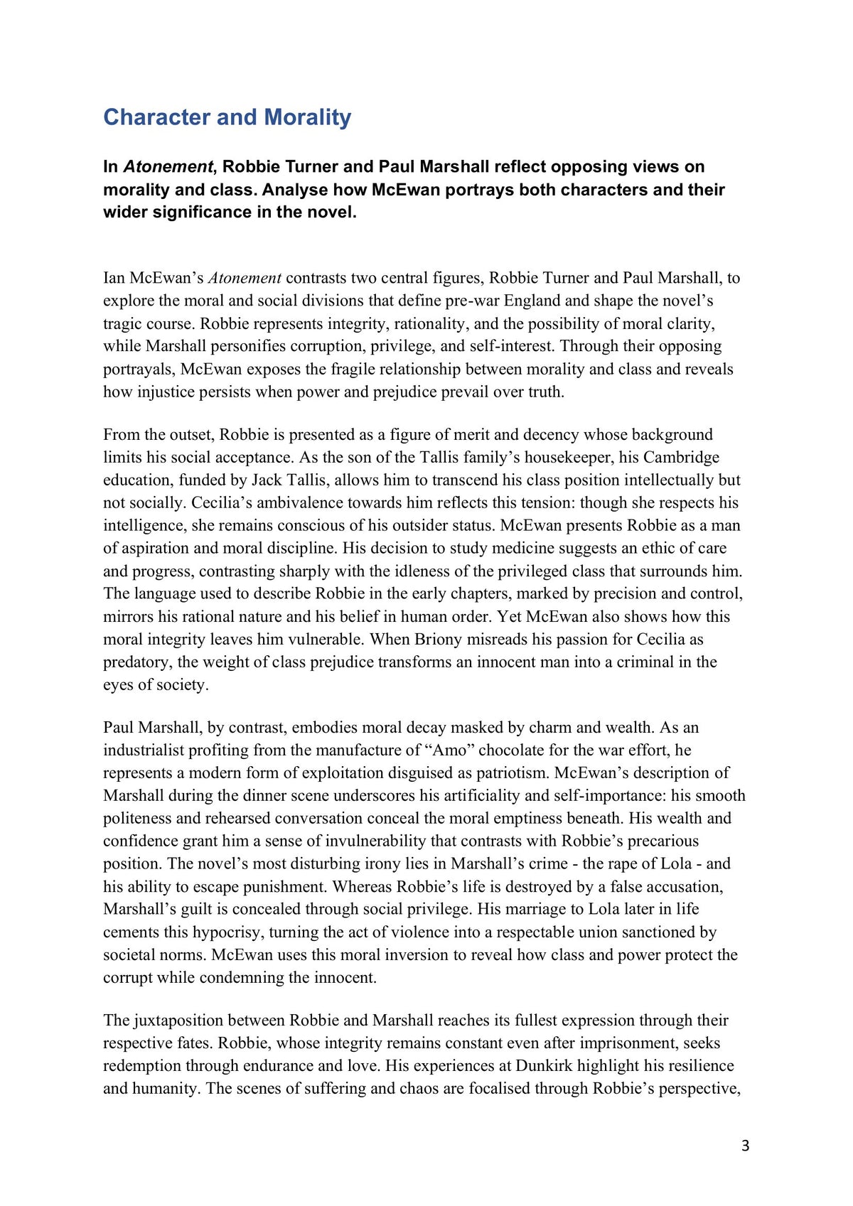 Model Essays – Character and Morality: Robbie Turner and Paul Marshall on morality and class (model essays page 3)