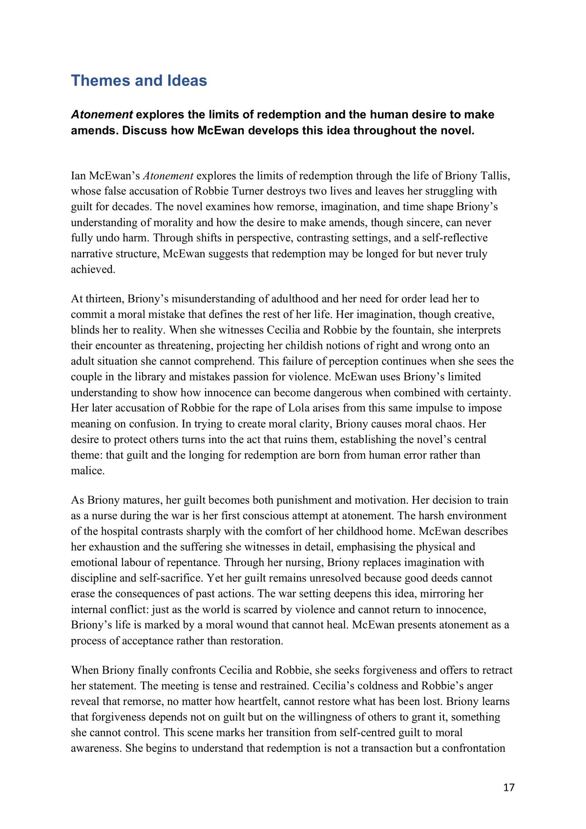 Model Essays – Themes and Ideas: the limits of redemption (model essays page 17)