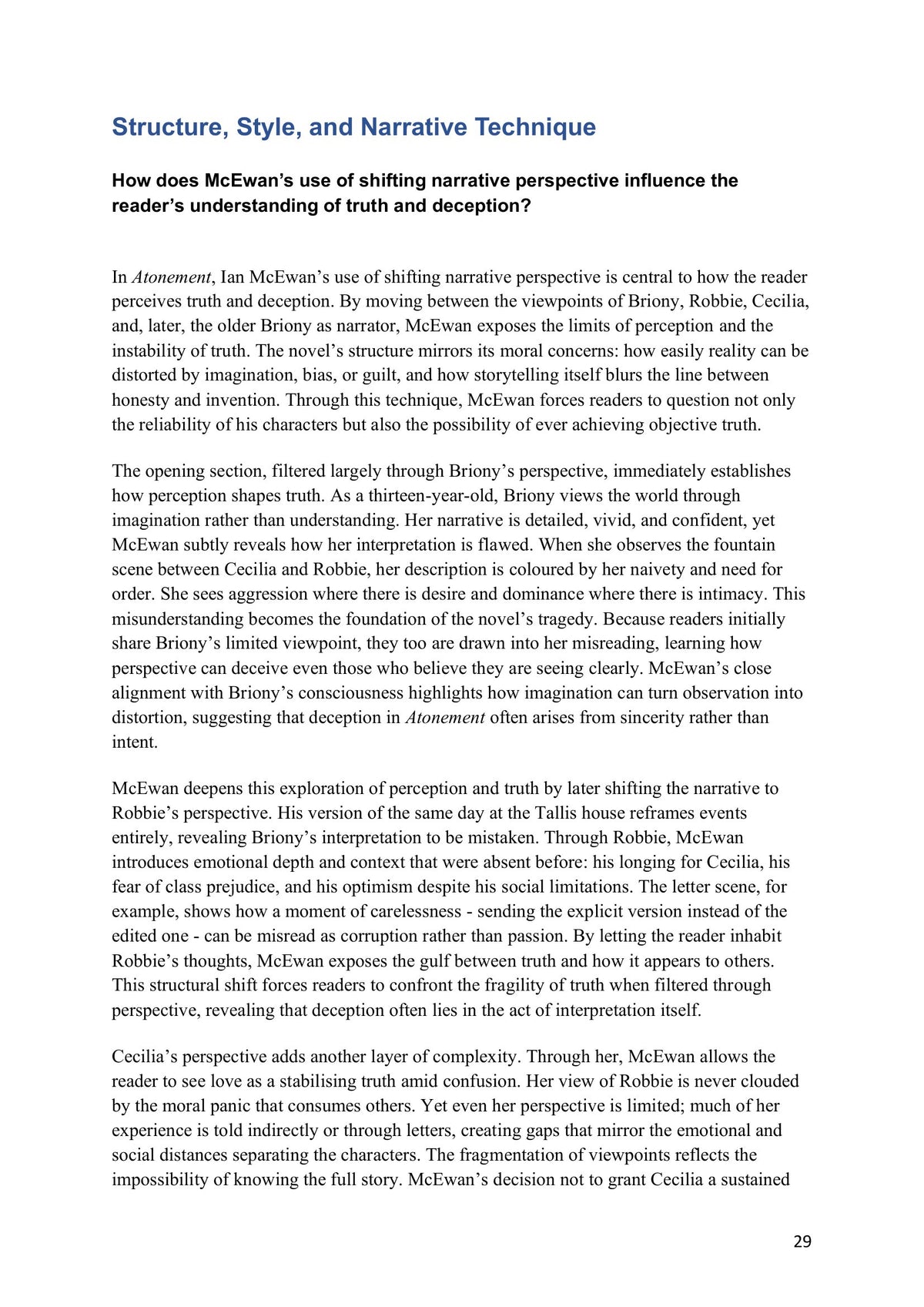 Model Essays – Structure, Style and Narrative Technique: shifting narrative perspective (model essays page 29)