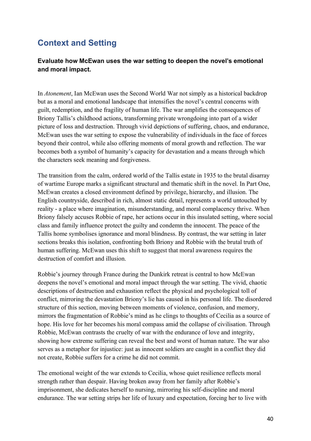 Model Essays – Context and Setting: the war setting and its moral impact (model essays page 40)