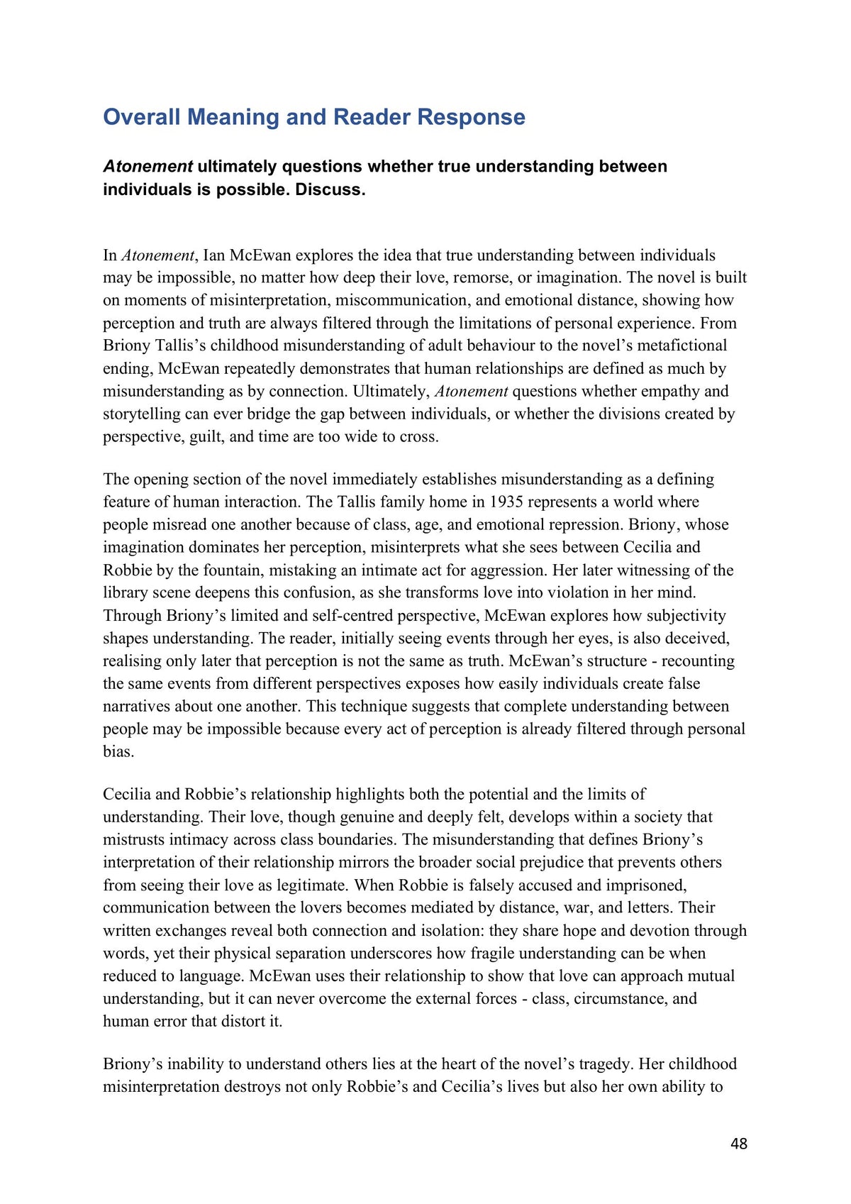 Model Essays – Overall Meaning and Reader Response: whether true understanding is possible (model essays page 48)