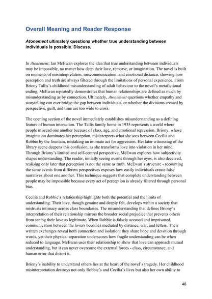 Model Essays – Overall Meaning and Reader Response: whether true understanding is possible (model essays page 48)