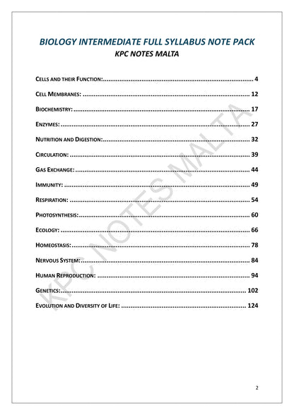 Contents: every topic in the note pack (page 2)