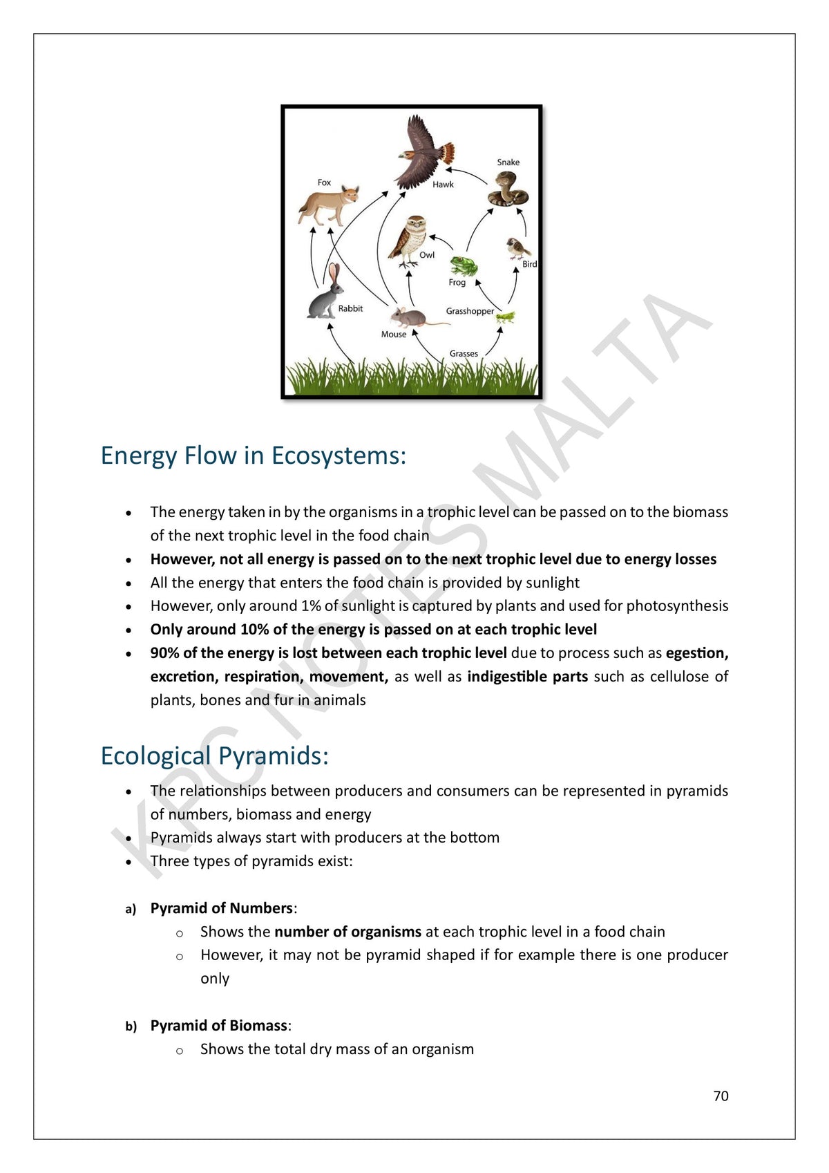 Ecology: energy flow through trophic levels and ecological pyramids (page 70)