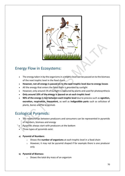 Ecology: energy flow through trophic levels and ecological pyramids (page 70)