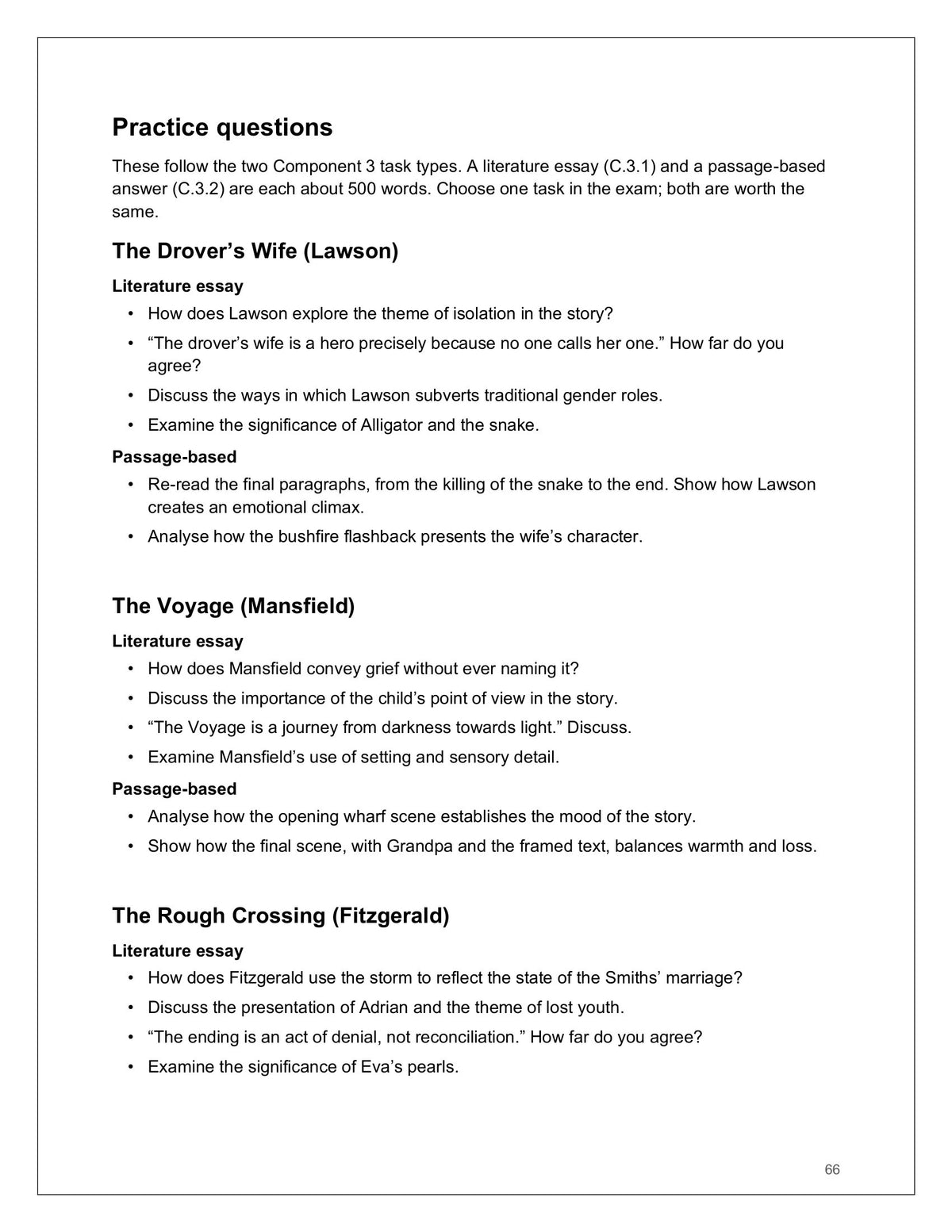 Literature: practice questions on every set story (page 66)