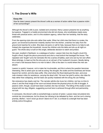 Literature: model essay on The Drover's Wife (page 73)