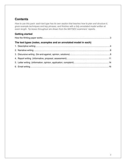 Writing: contents — all six text types (page 2)