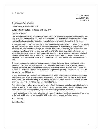 Writing: model letter of complaint, written at exam length (page 15)