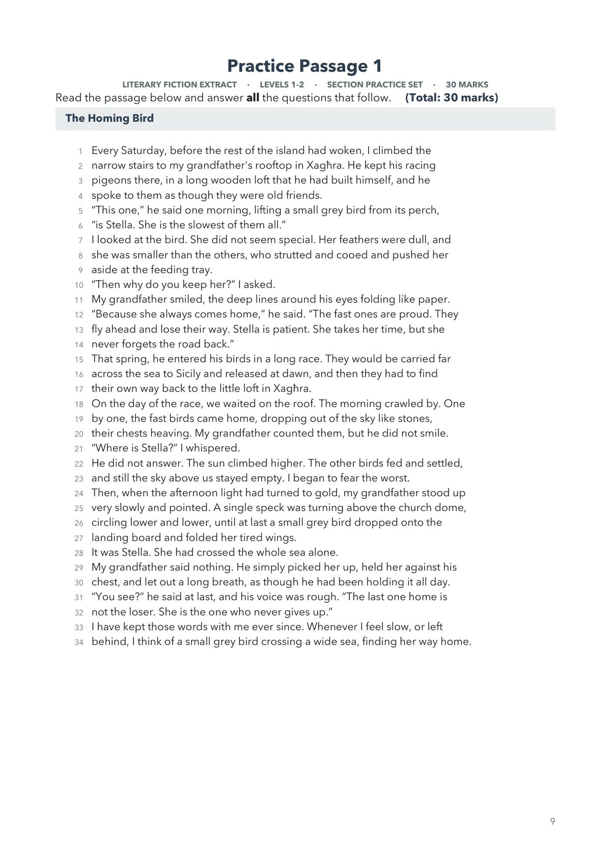 Practice Papers: Passage 1, a literary fiction extract with numbered lines