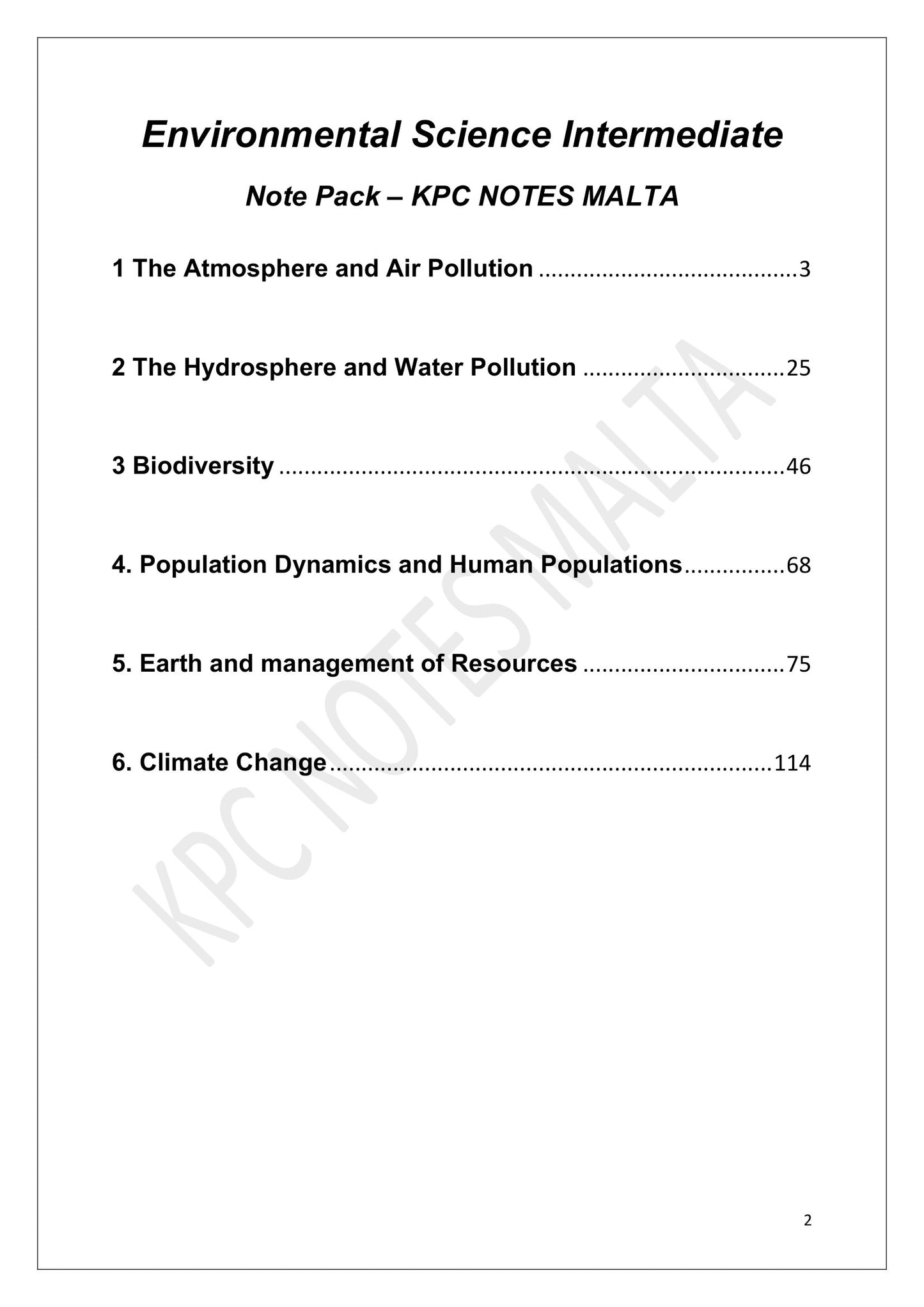 Contents: the six chapters of the note pack (page 2)