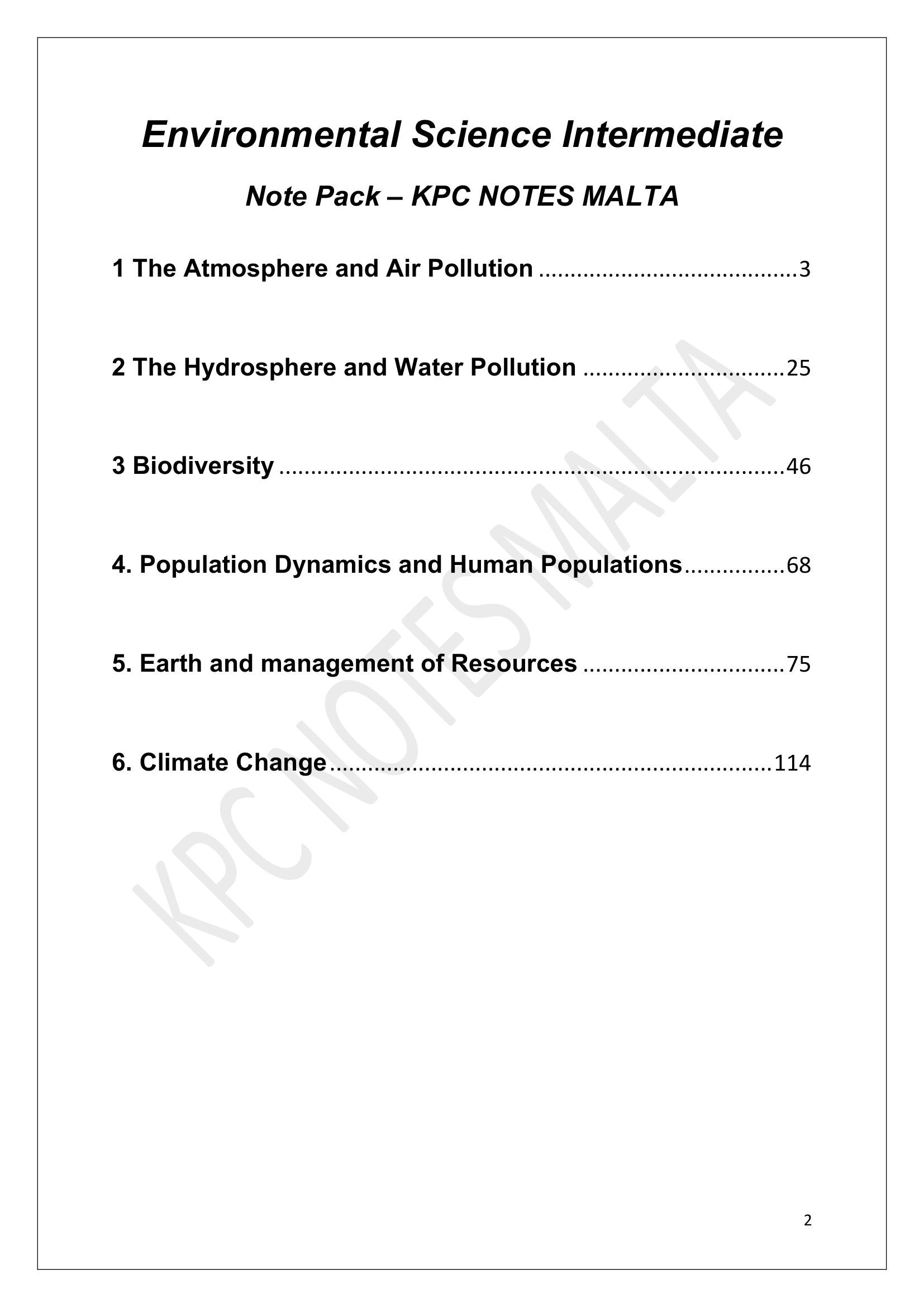 Contents: the six chapters of the note pack (page 2)