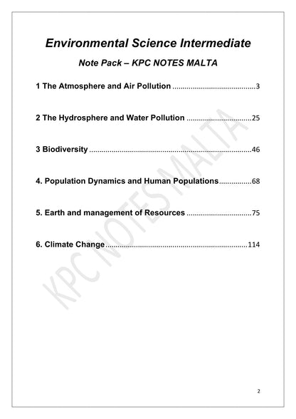 Contents: the six chapters of the note pack (page 2)