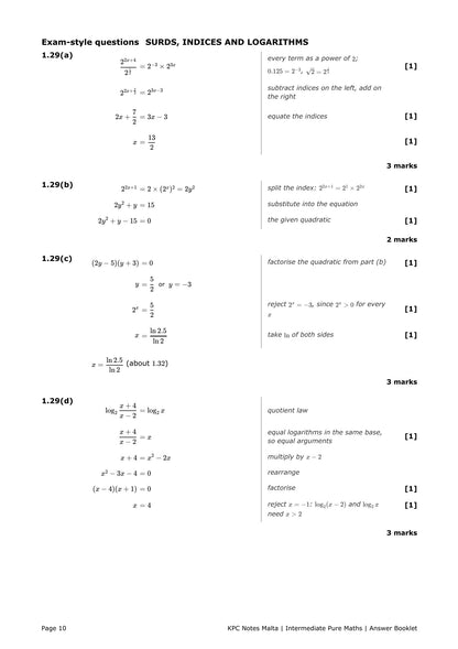 Answer Booklet: exam-style answers worked in full, with the marks beside each step (page 10)