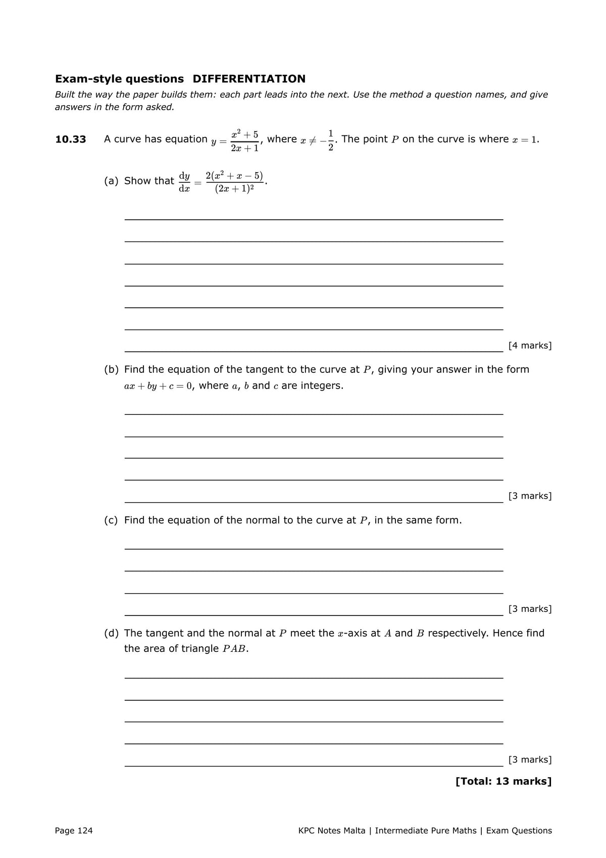 Exam Questions: an exam-style differentiation question on tangents and normals (page 124)