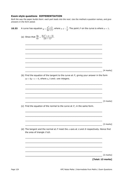 Exam Questions: an exam-style differentiation question on tangents and normals (page 124)