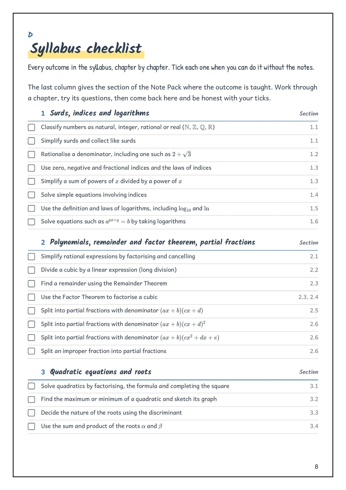 Note Pack: the syllabus checklist, every outcome with the section that teaches it (page 8)