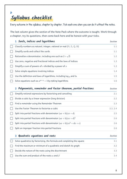 Note Pack: the syllabus checklist, every outcome with the section that teaches it (page 8)