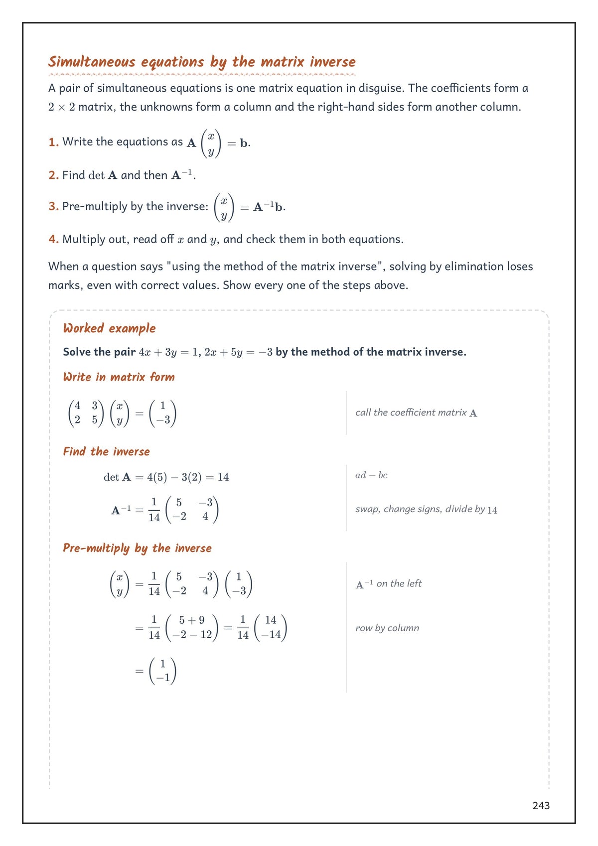 Note Pack: a worked example solving simultaneous equations by the matrix inverse (page 243)