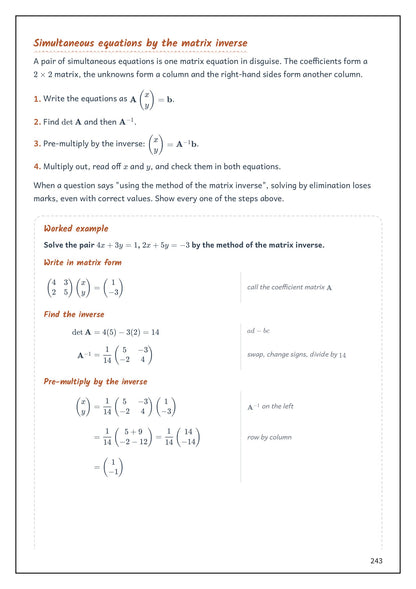 Note Pack: a worked example solving simultaneous equations by the matrix inverse (page 243)