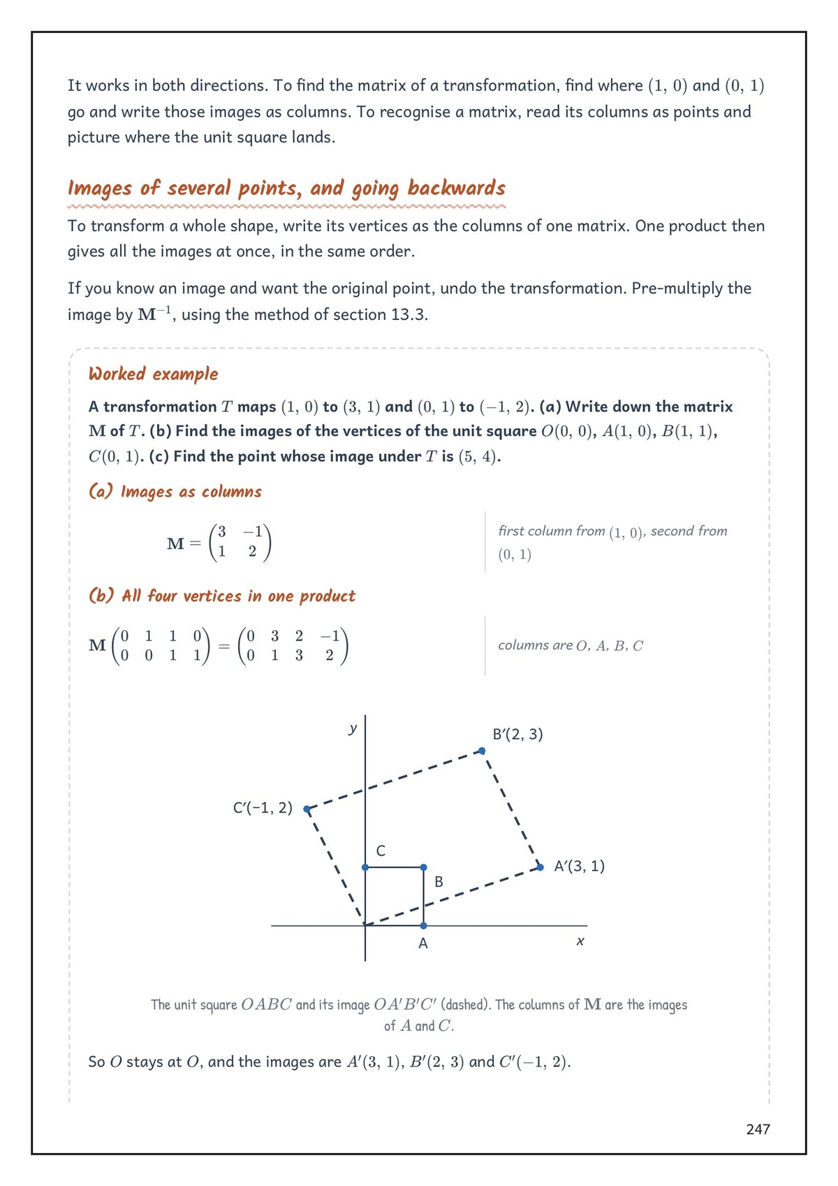 Note Pack: a matrix transformation of the unit square, with a worked example and diagram (page 247)