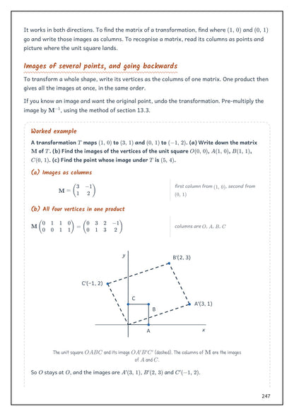 Note Pack: a matrix transformation of the unit square, with a worked example and diagram (page 247)
