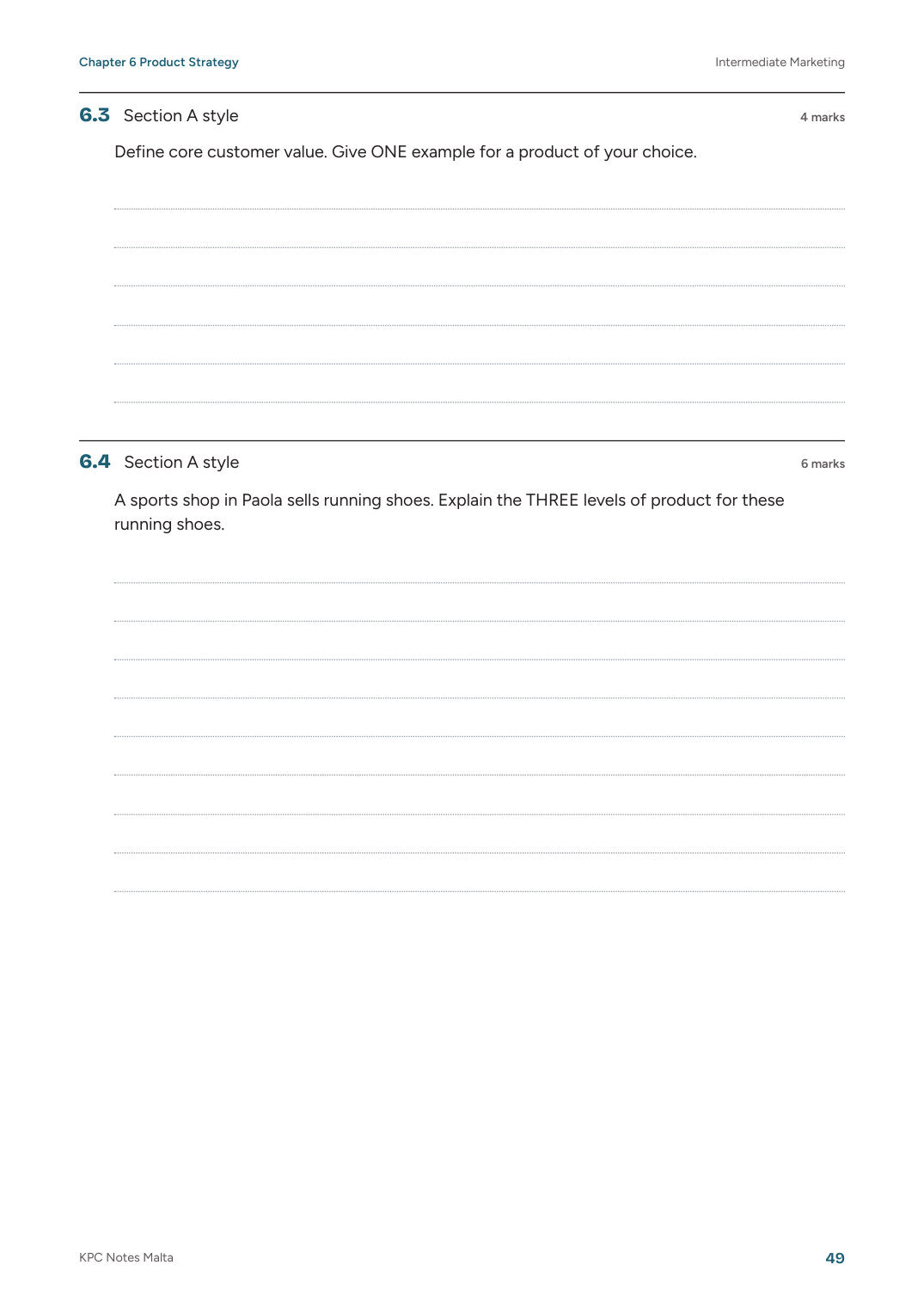 Intermediate Marketing, Exam Questions: Section A with answer space (page 49)