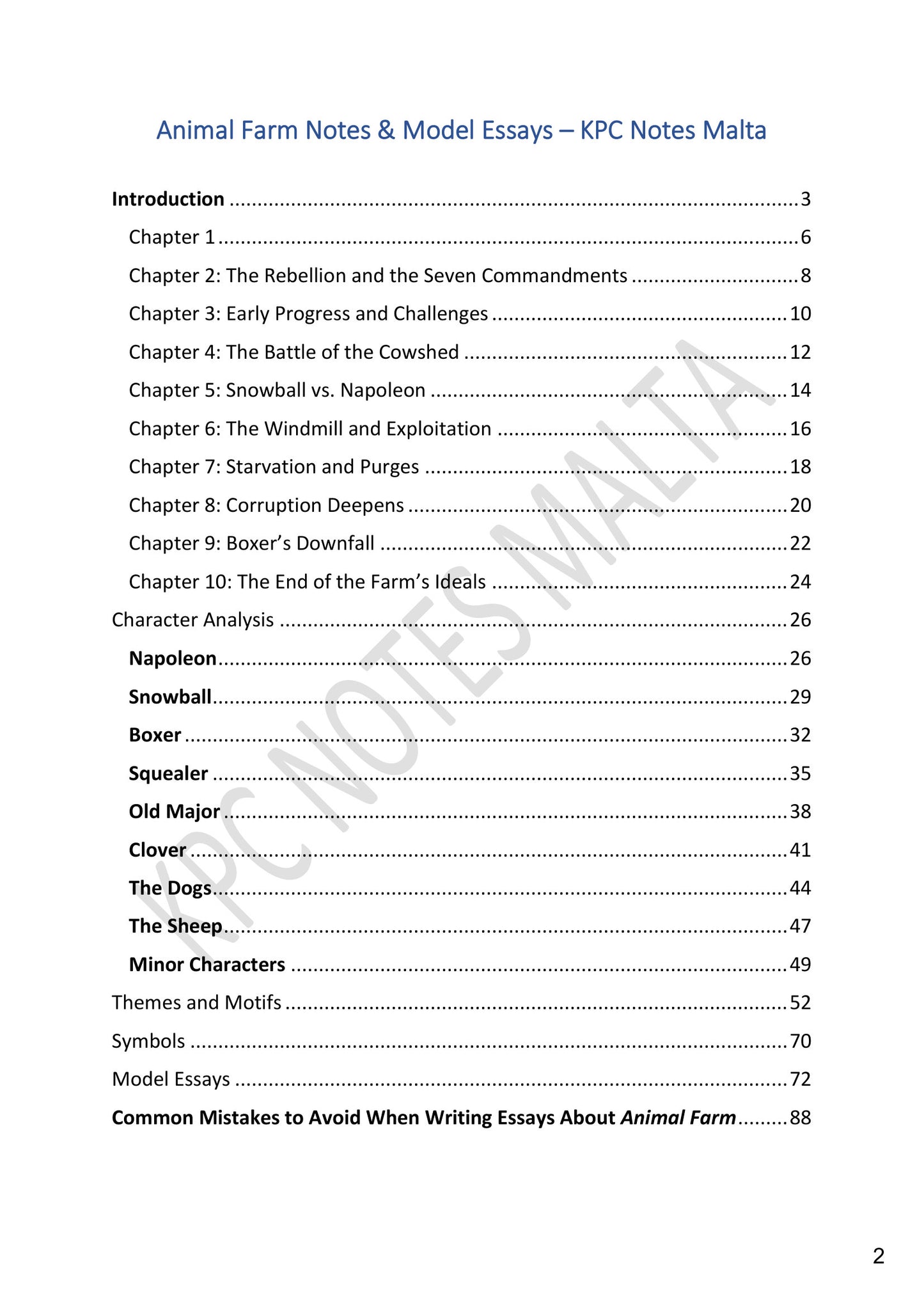 Contents: chapter notes, characters, themes, symbols and model essays (page 2)
