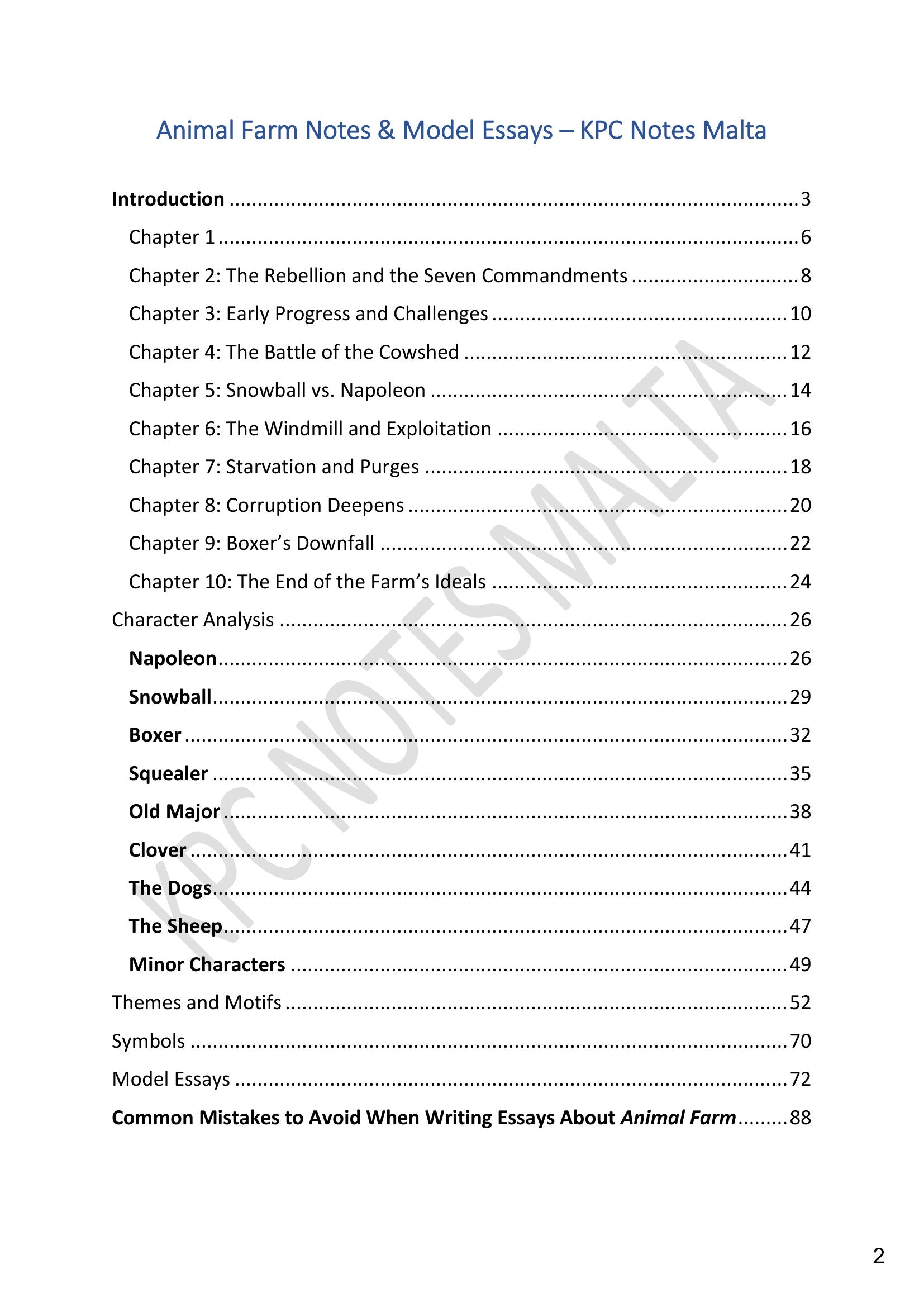 Contents: chapter notes, characters, themes, symbols and model essays (page 2)
