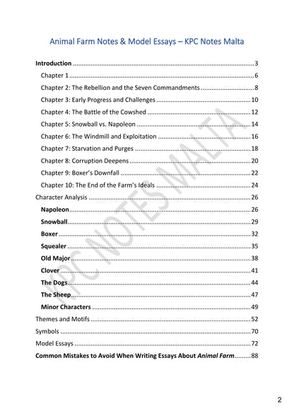 Contents: chapter notes, characters, themes, symbols and model essays (page 2)