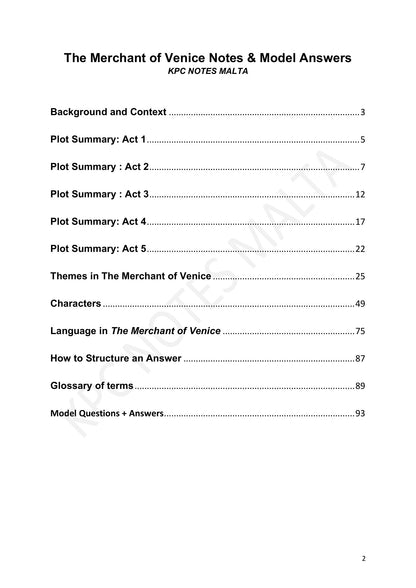 Contents: plot summaries, themes, characters, language and model answers (page 2)