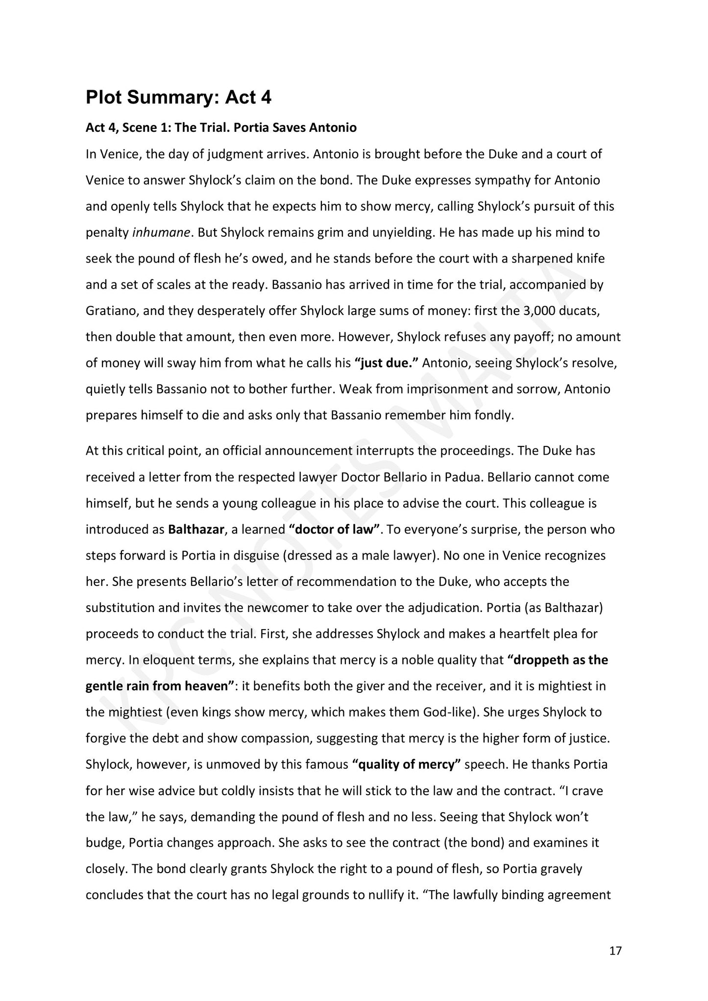 Plot Summary: Act 4, the trial scene (page 17)