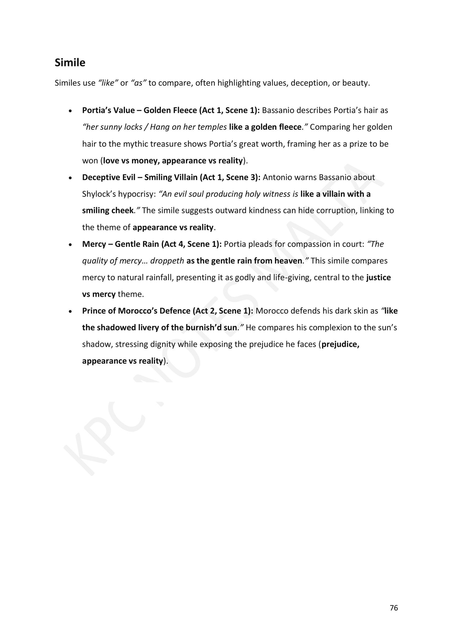 Language: simile, each example tied to a scene and a theme (page 76)