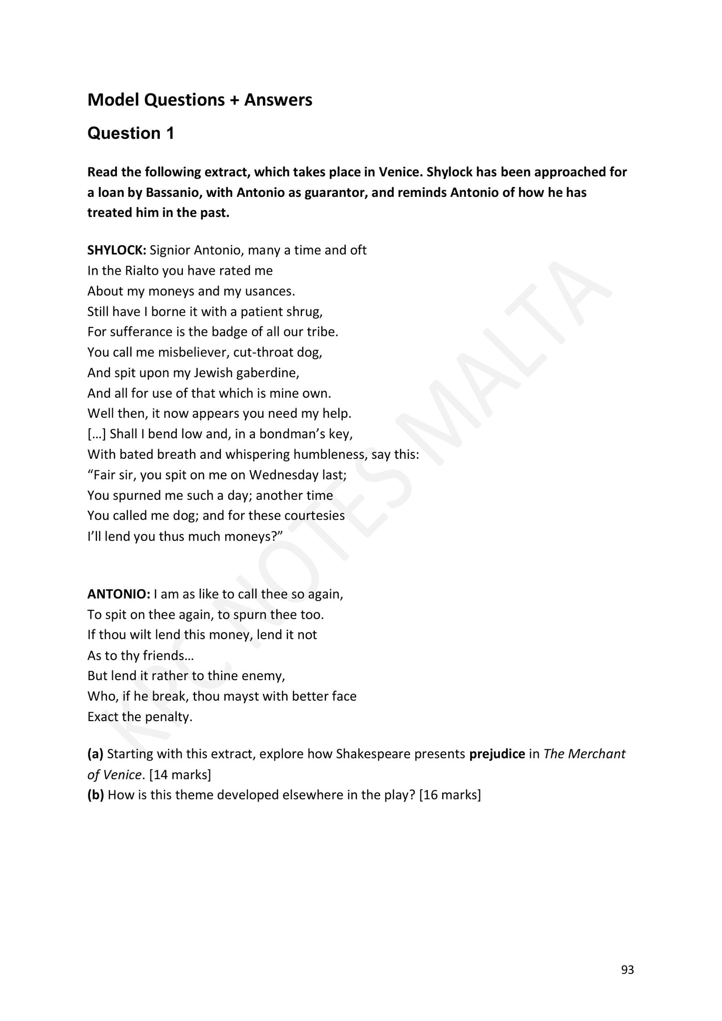 Model Questions and Answers: an extract question in exam format (page 93)