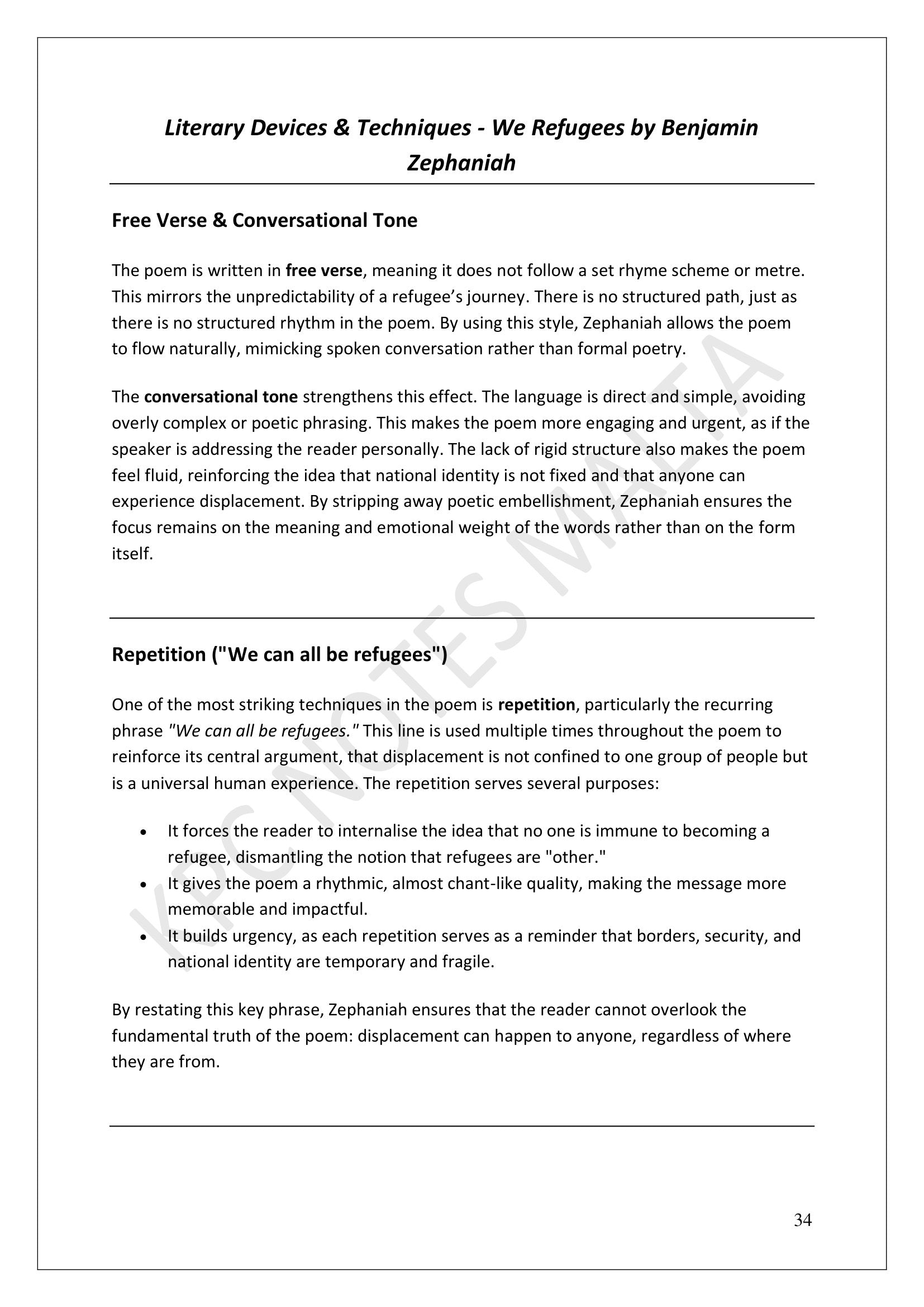 We Refugees: literary devices, free verse and conversational tone (page 34)
