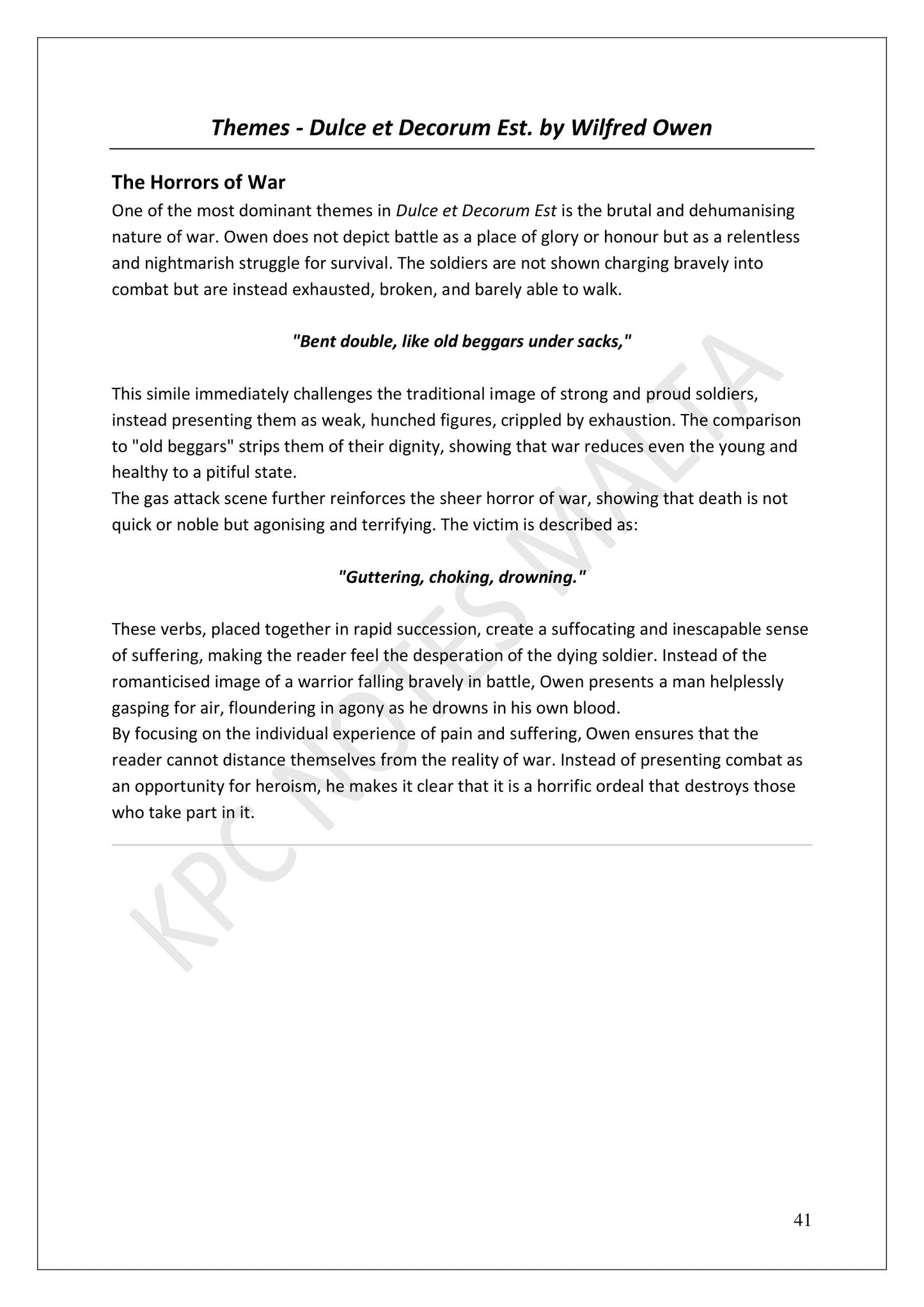 Dulce et Decorum Est: themes, with quotations analysed (page 41)