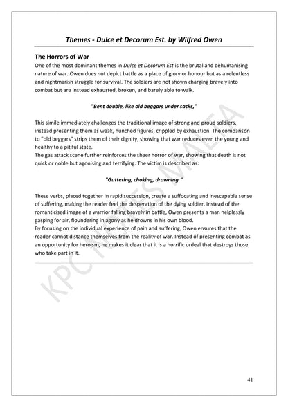 Dulce et Decorum Est: themes, with quotations analysed (page 41)